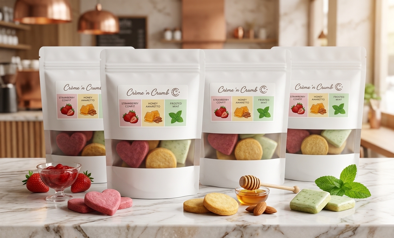 The six-cookie bag on a counter surrounded by strawberries, honey and mint