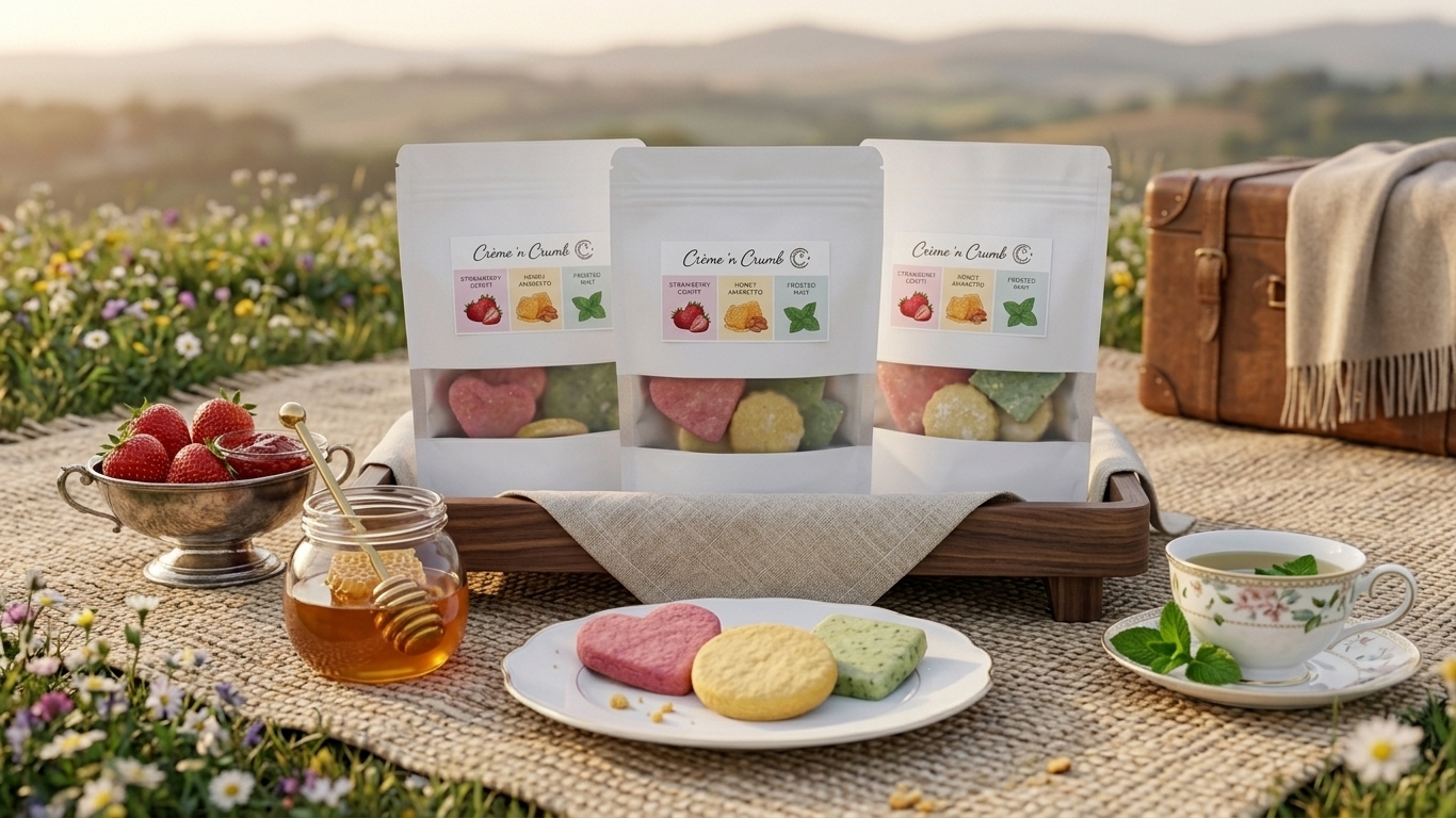 A picnic spread with cookies and honey