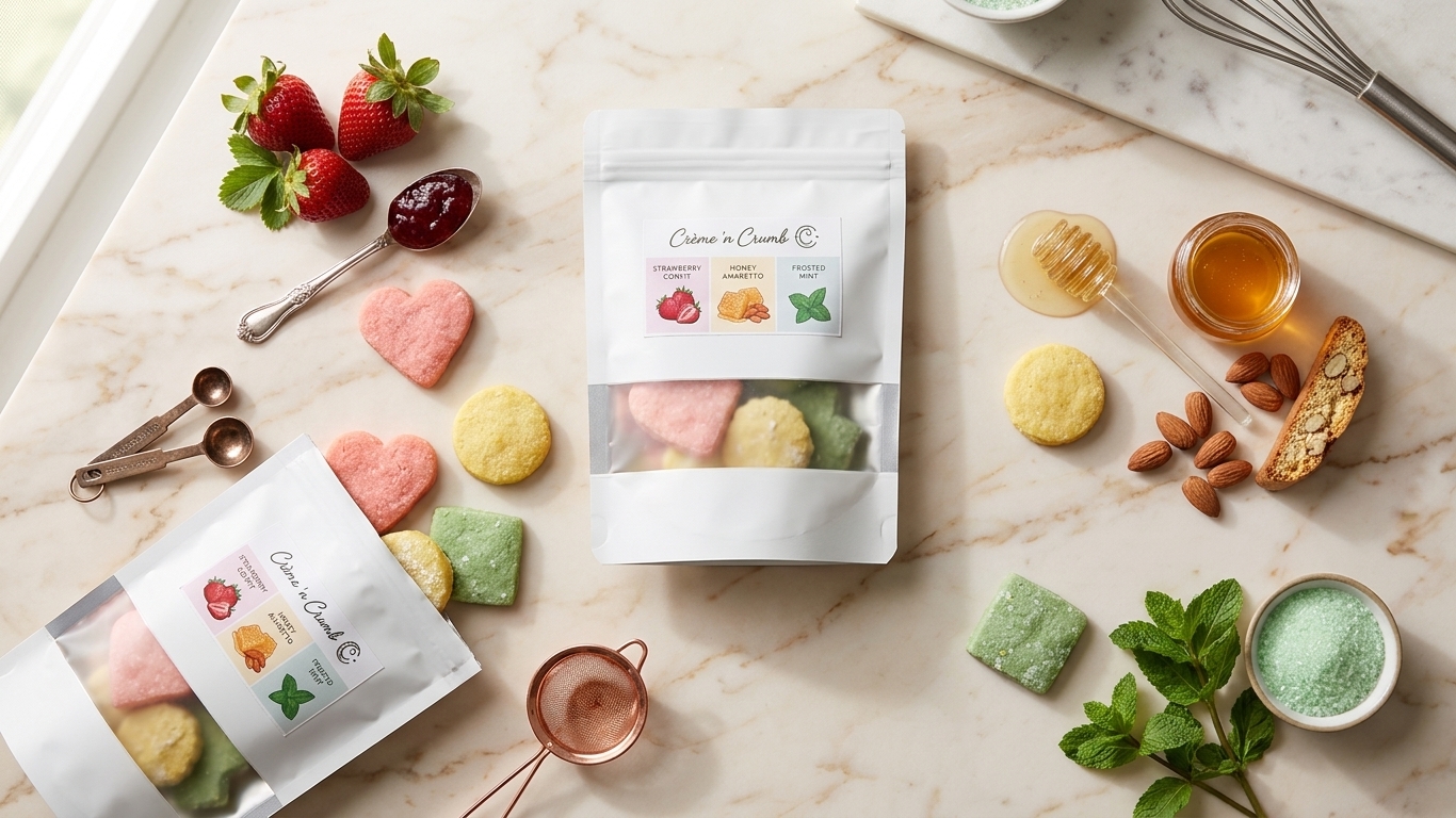 Cookies and ingredients laid out on marble
