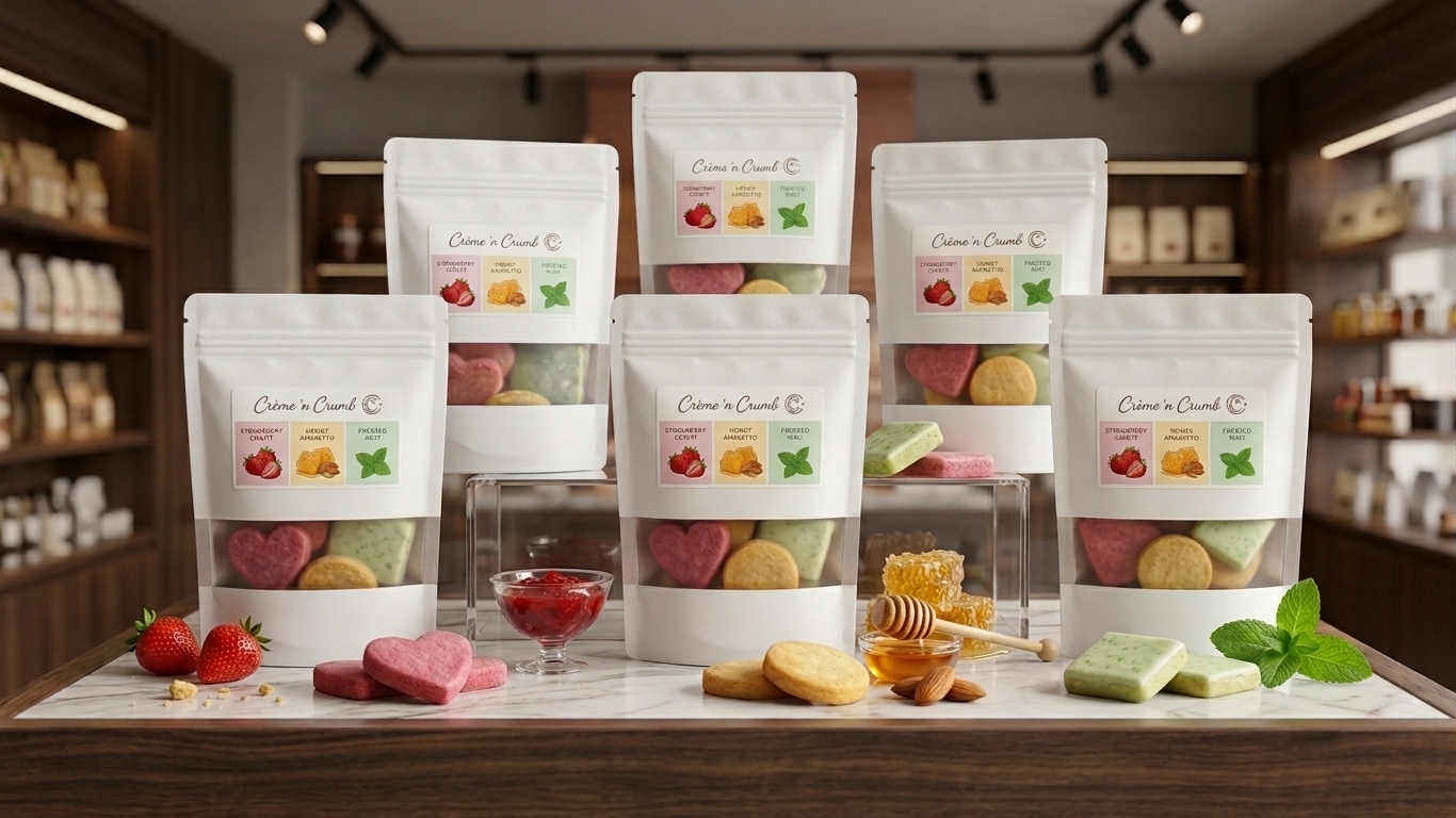 Crème 'n Crumb bags arranged like a small retail display with flavour ingredients